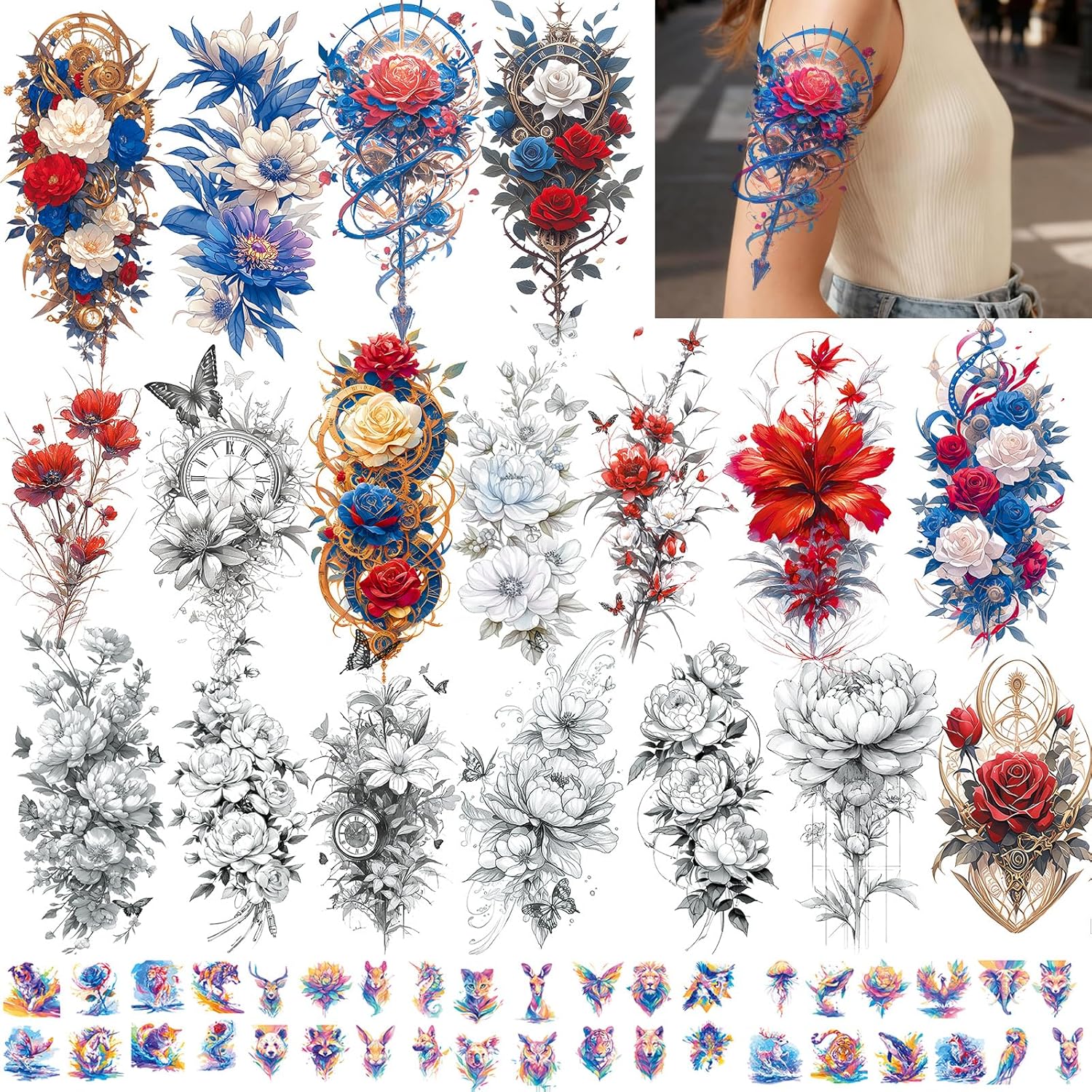 Halloween Full arm temporary tattoo,12sheets (L19“xW7”) Sleeve Tattoos temporary, Demon Fake Tattoos That Look Real, Tiger Dragon Koi Evil Eyes