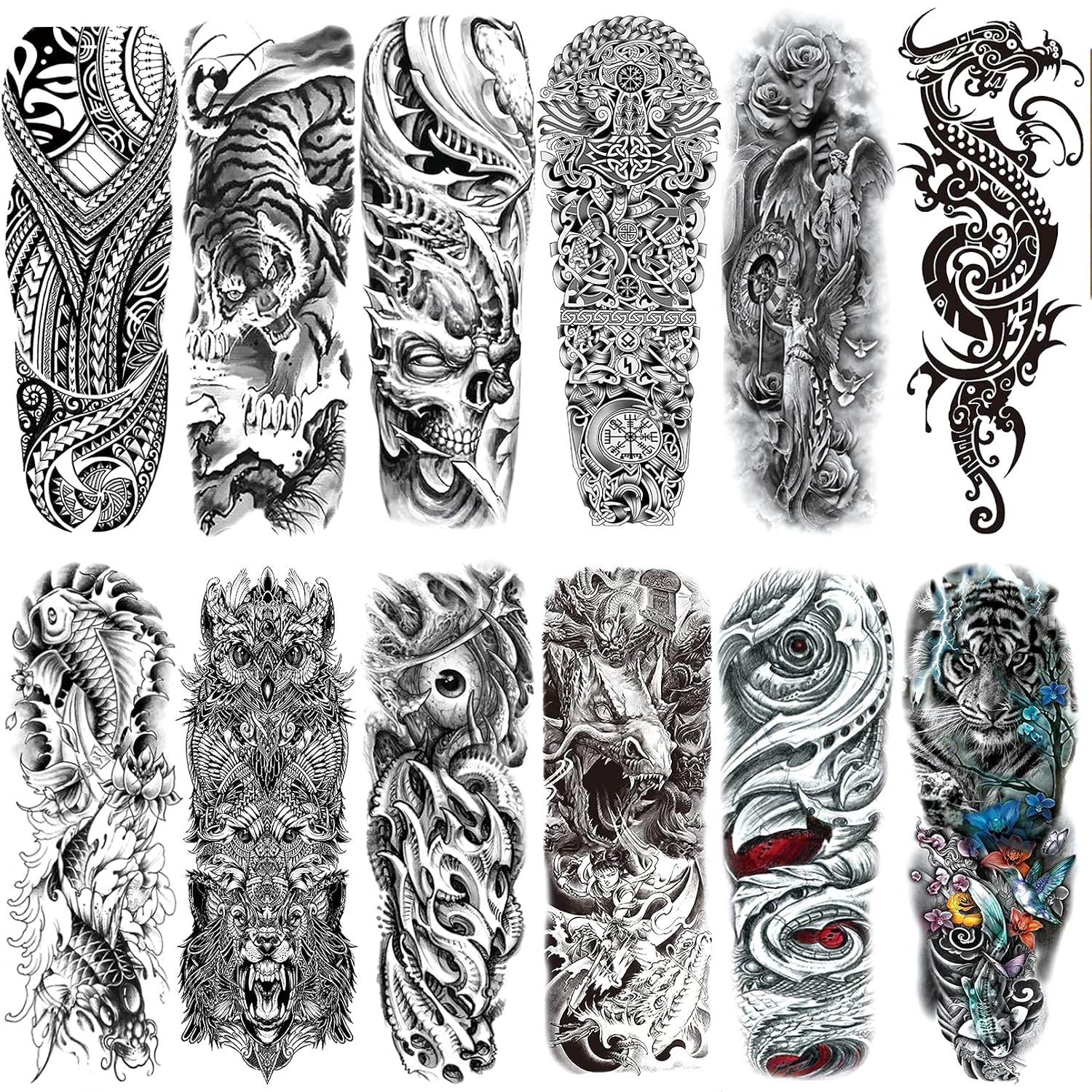 Halloween Full arm temporary tattoo,12sheets (L19“xW7”) Sleeve Tattoos temporary, Demon Fake Tattoos That Look Real, Tiger Dragon Koi Evil Eyes