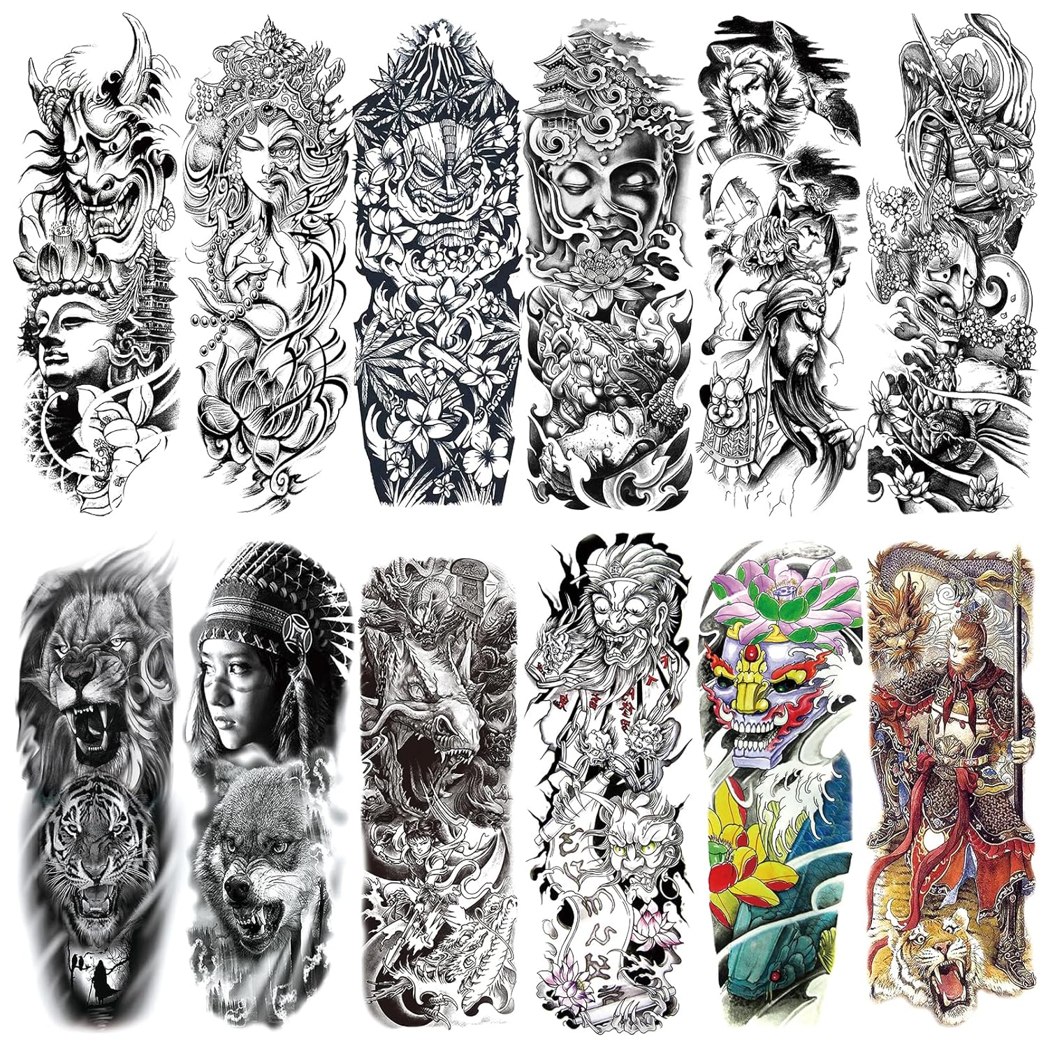 Halloween Full arm temporary tattoo,12sheets (L19“xW7”) Sleeve Tattoos temporary, Demon Fake Tattoos That Look Real, Tiger Dragon Koi Evil Eyes