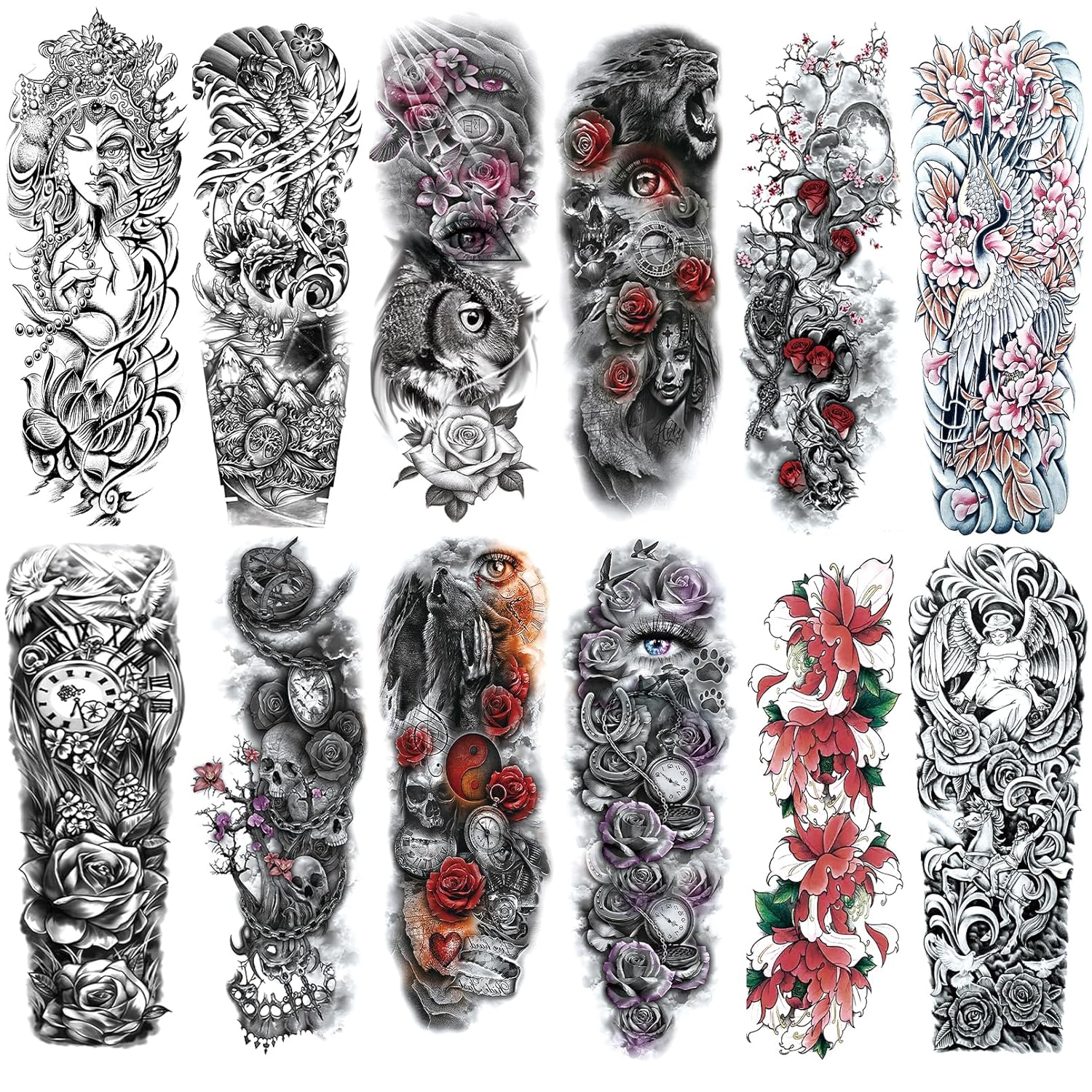 Halloween Full arm temporary tattoo,12sheets (L19“xW7”) Sleeve Tattoos temporary, Demon Fake Tattoos That Look Real, Tiger Dragon Koi Evil Eyes