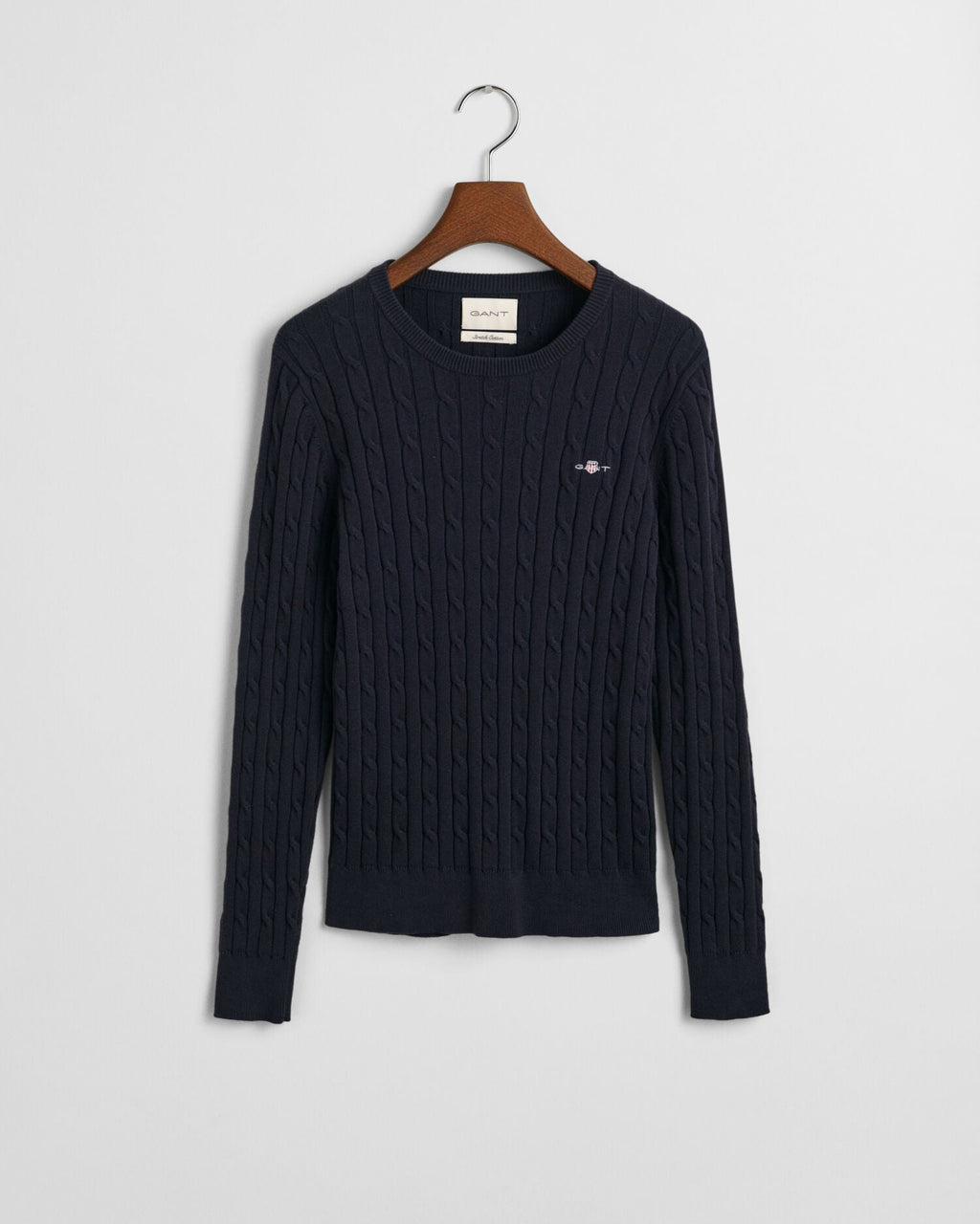 Stretch Cotton Cable Knit Crew Neck Sweater