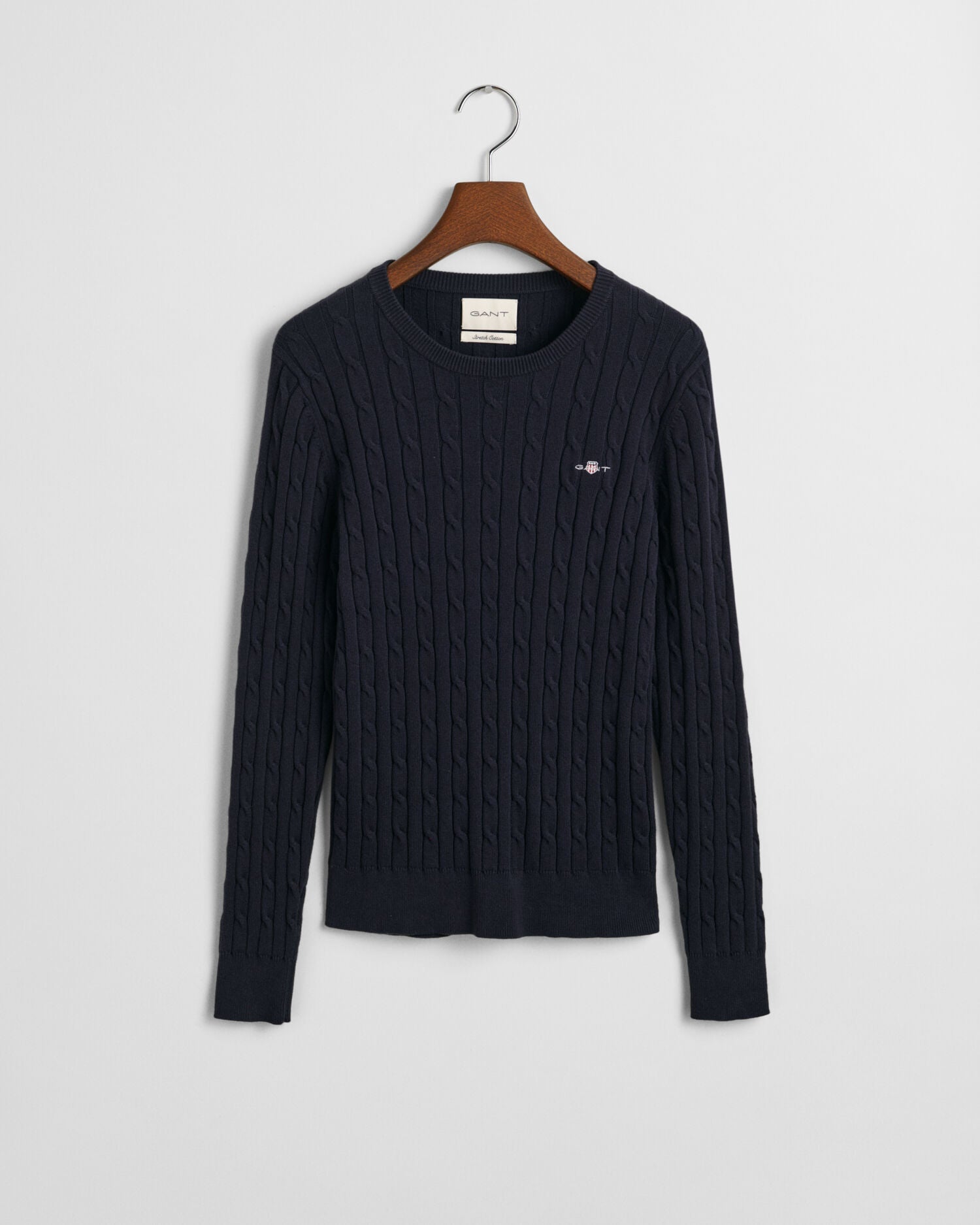 Stretch Cotton Cable Knit Crew Neck Sweater