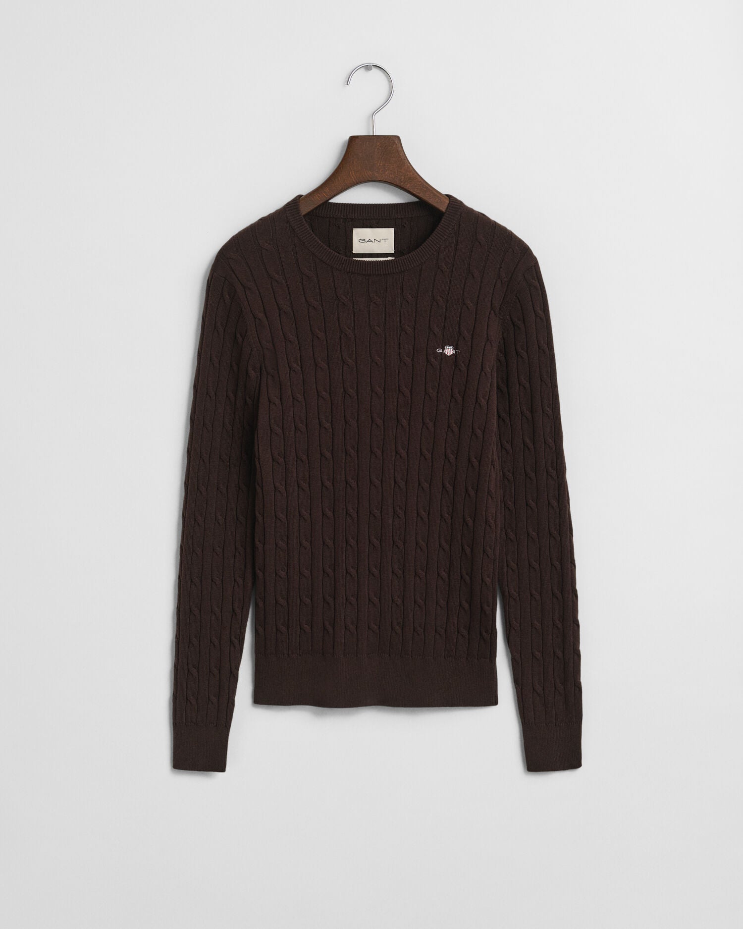 Stretch Cotton Cable Knit Crew Neck Sweater
