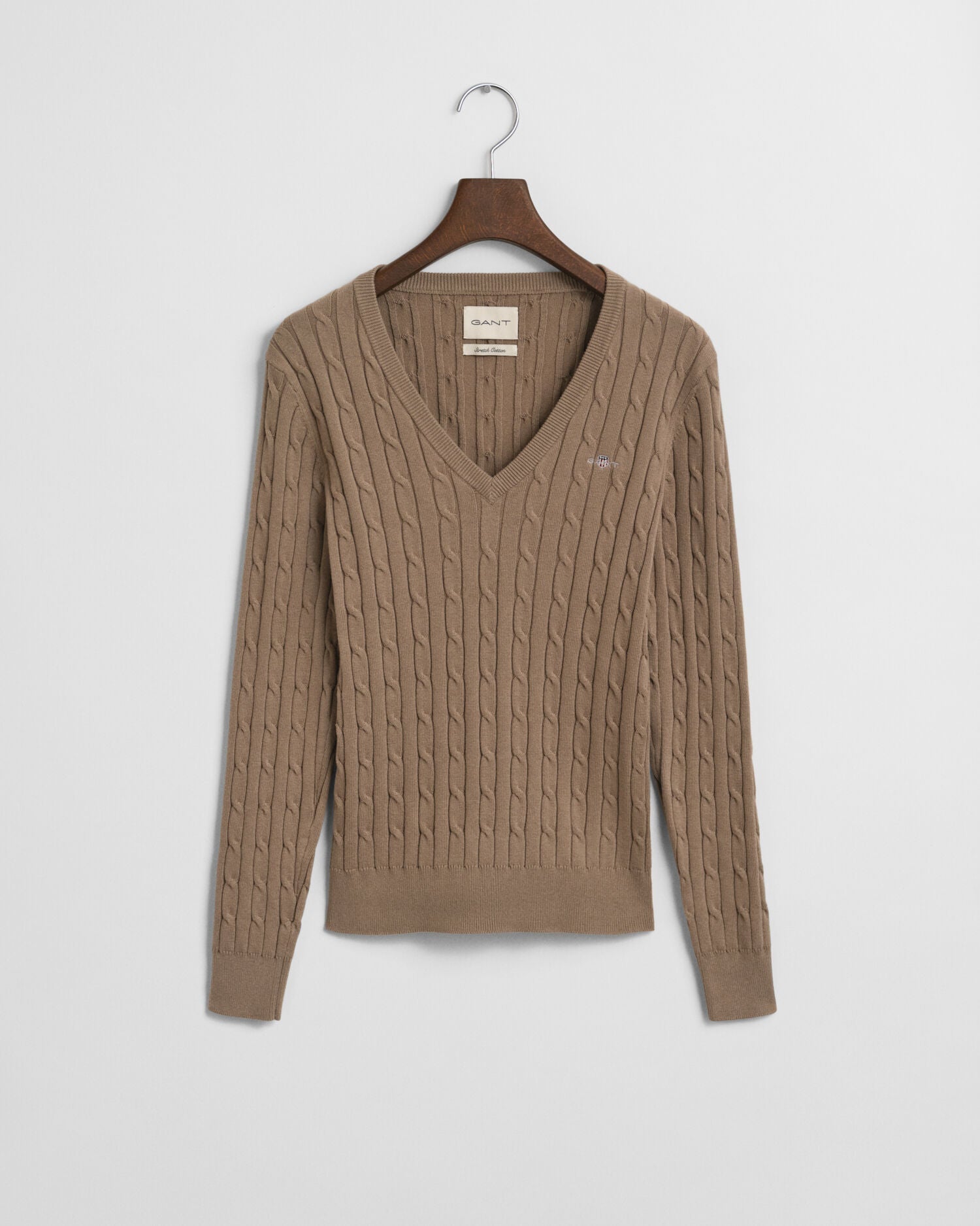 Stretch Cotton Cable Knit V-Neck Sweater
