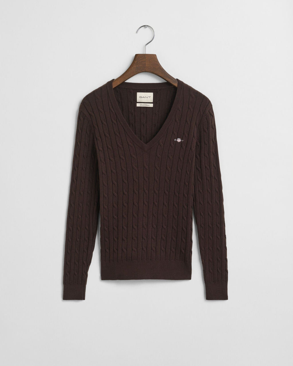 Stretch Cotton Cable Knit V-Neck Sweater