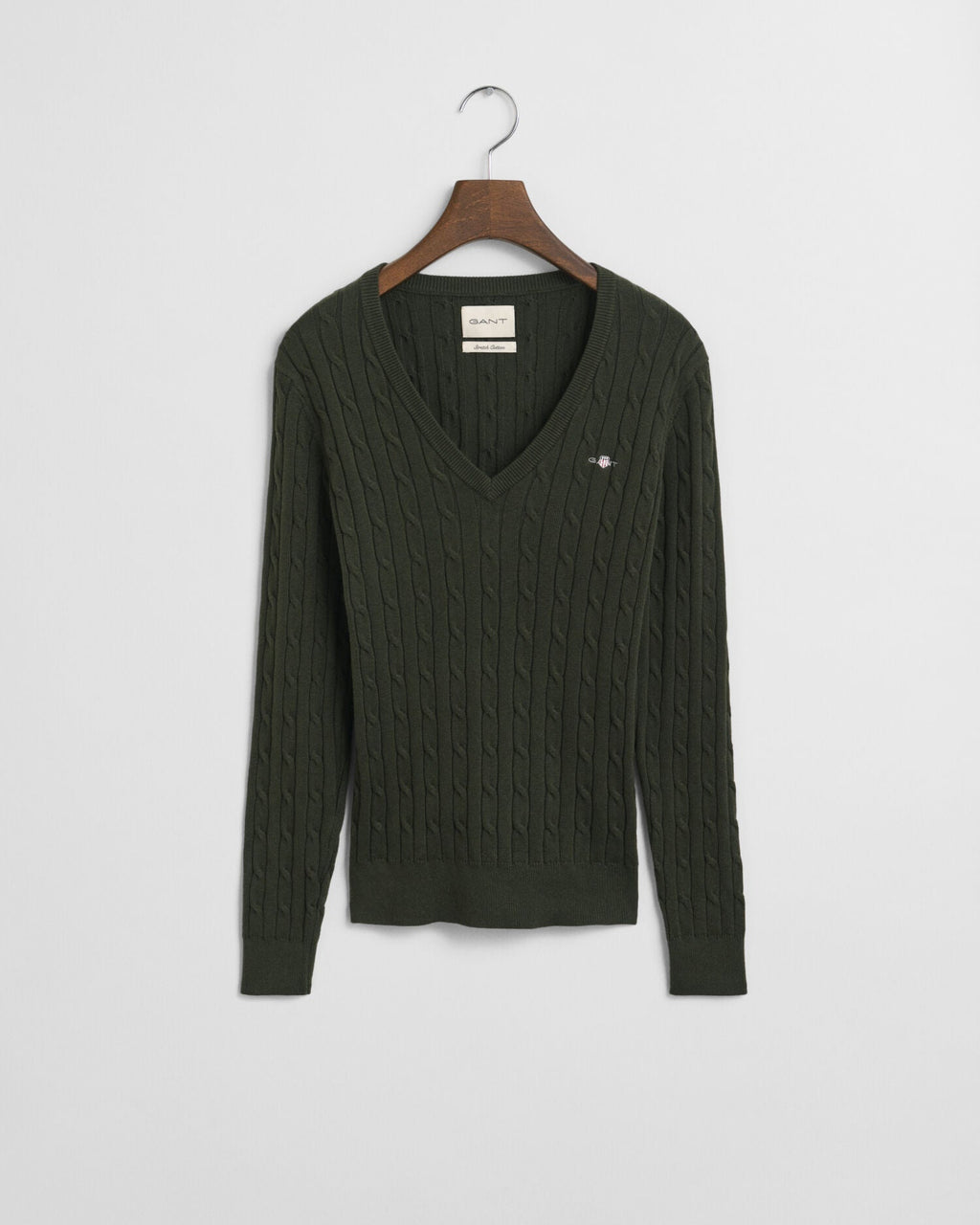 Stretch Cotton Cable Knit V-Neck Sweater