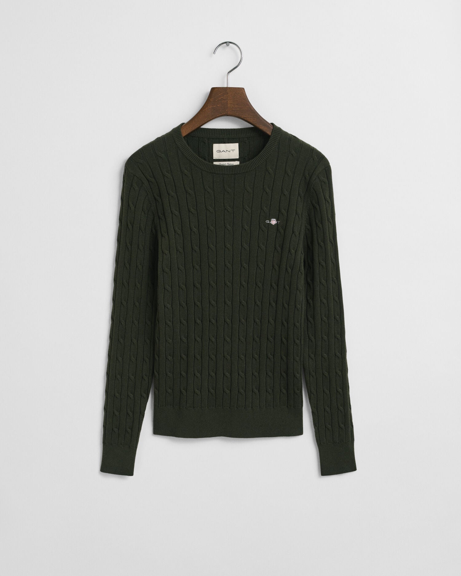 Stretch Cotton Cable Knit Crew Neck Sweater