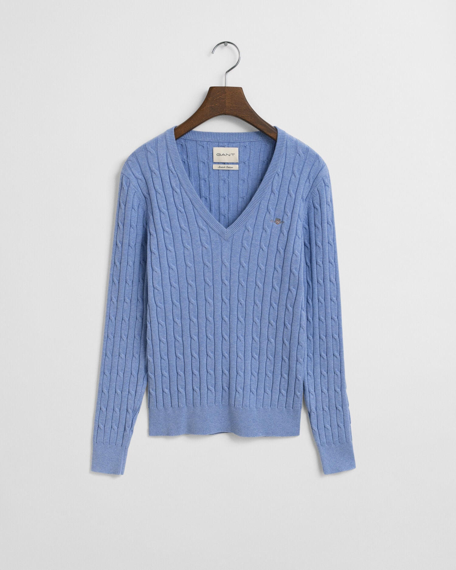 Stretch Cotton Cable Knit V-Neck Sweater