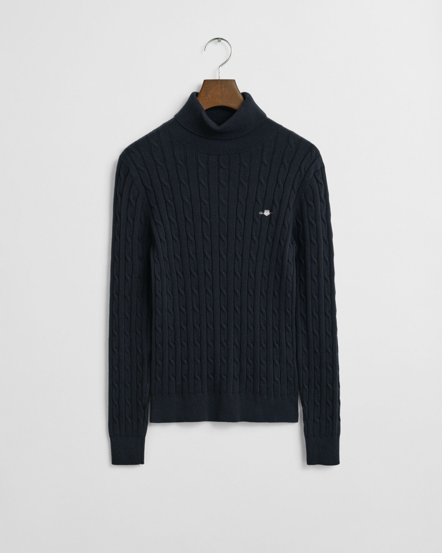 Stretch Cotton Cable Knit Turtleneck Sweater