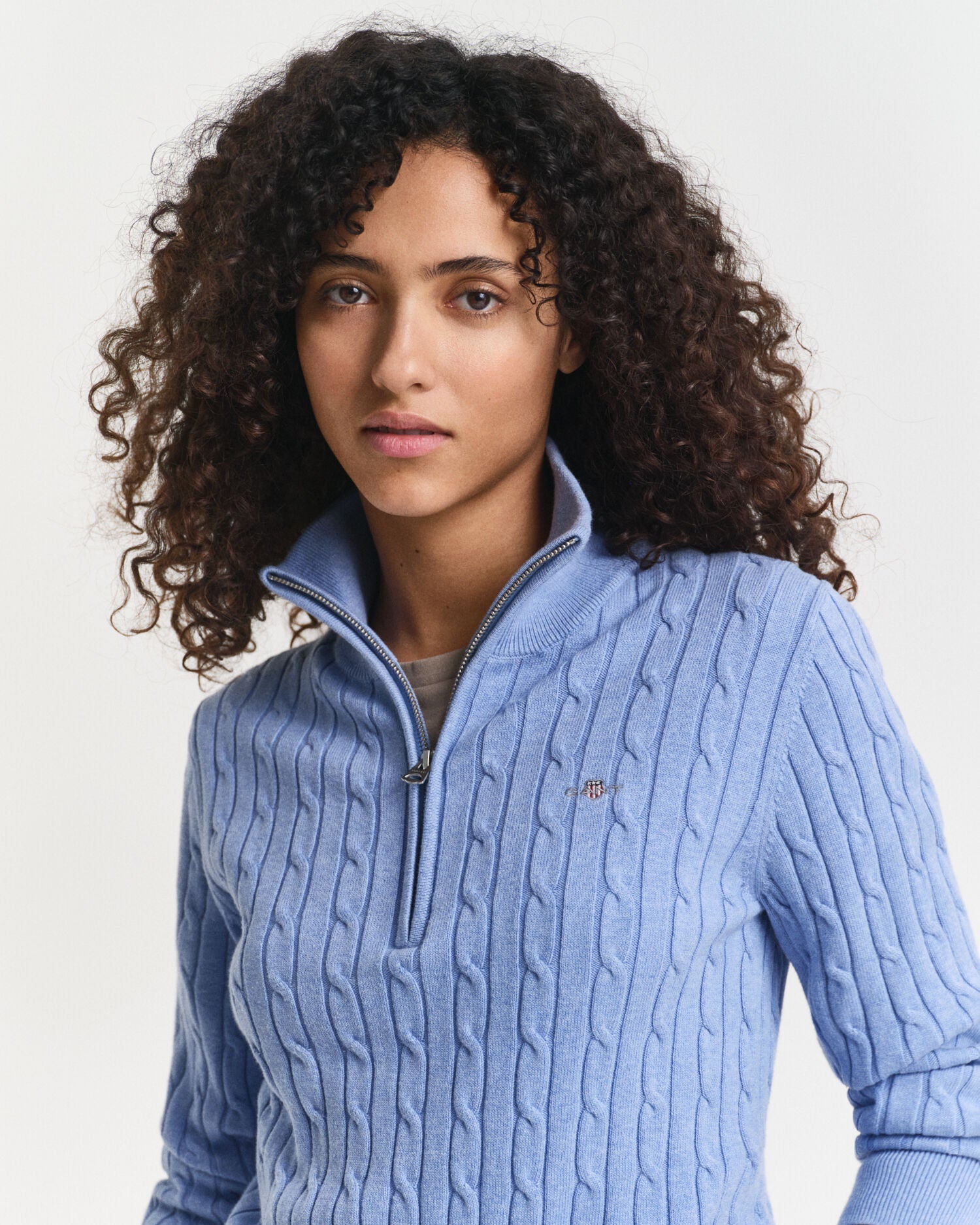 Stretch Cotton Cable Knit Half-Zip Sweater