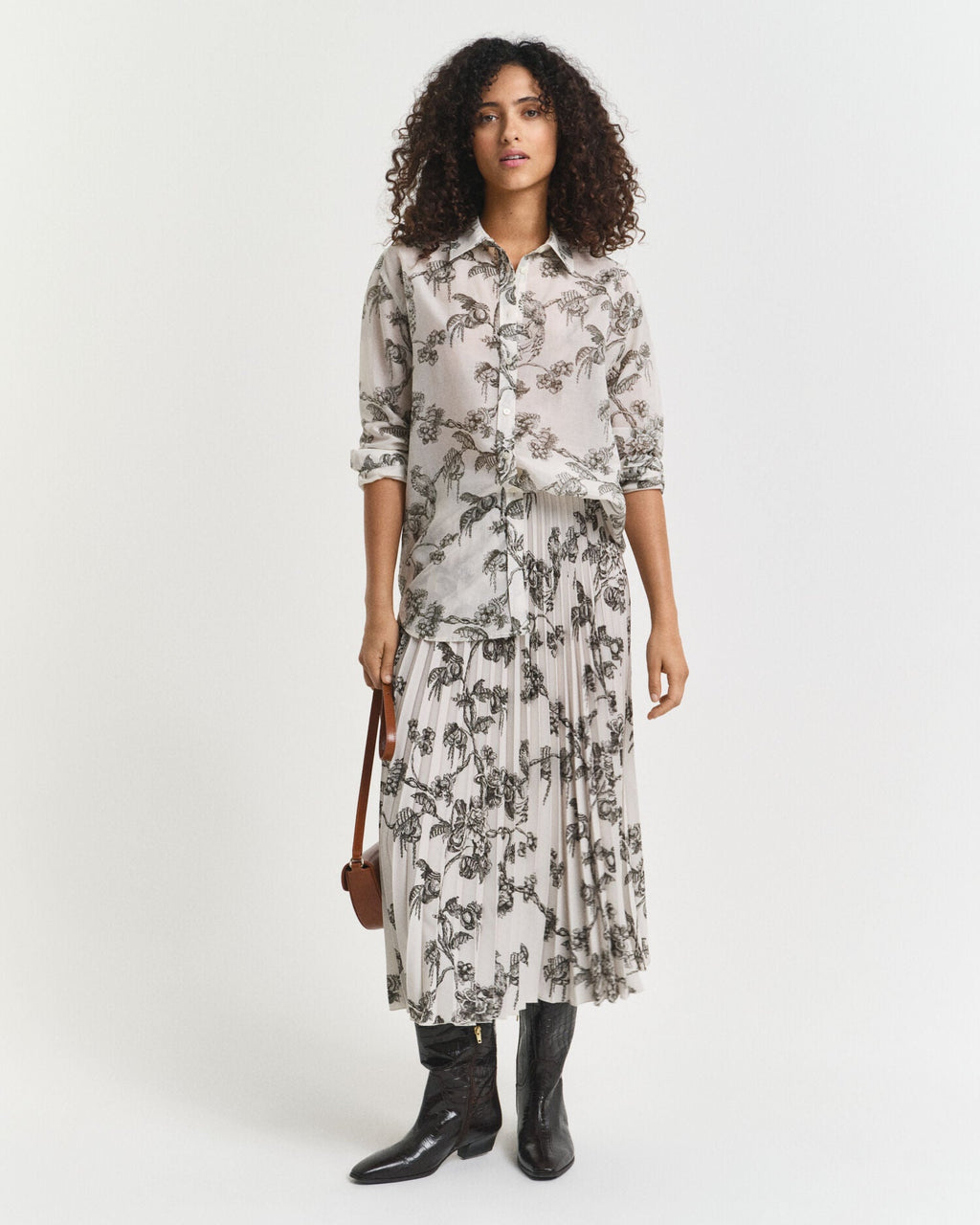 Pleated Tree Printed Midi Skirt
