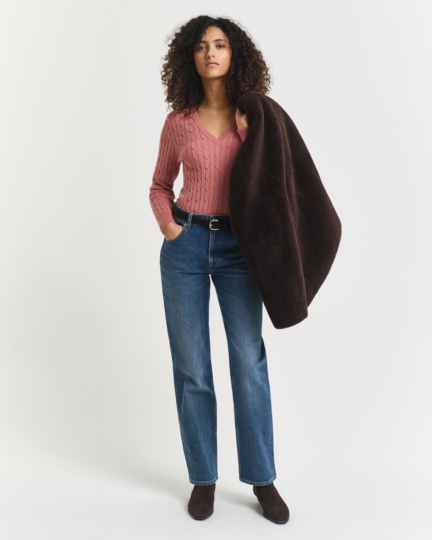 Stretch Cotton Cable Knit V-Neck Sweater