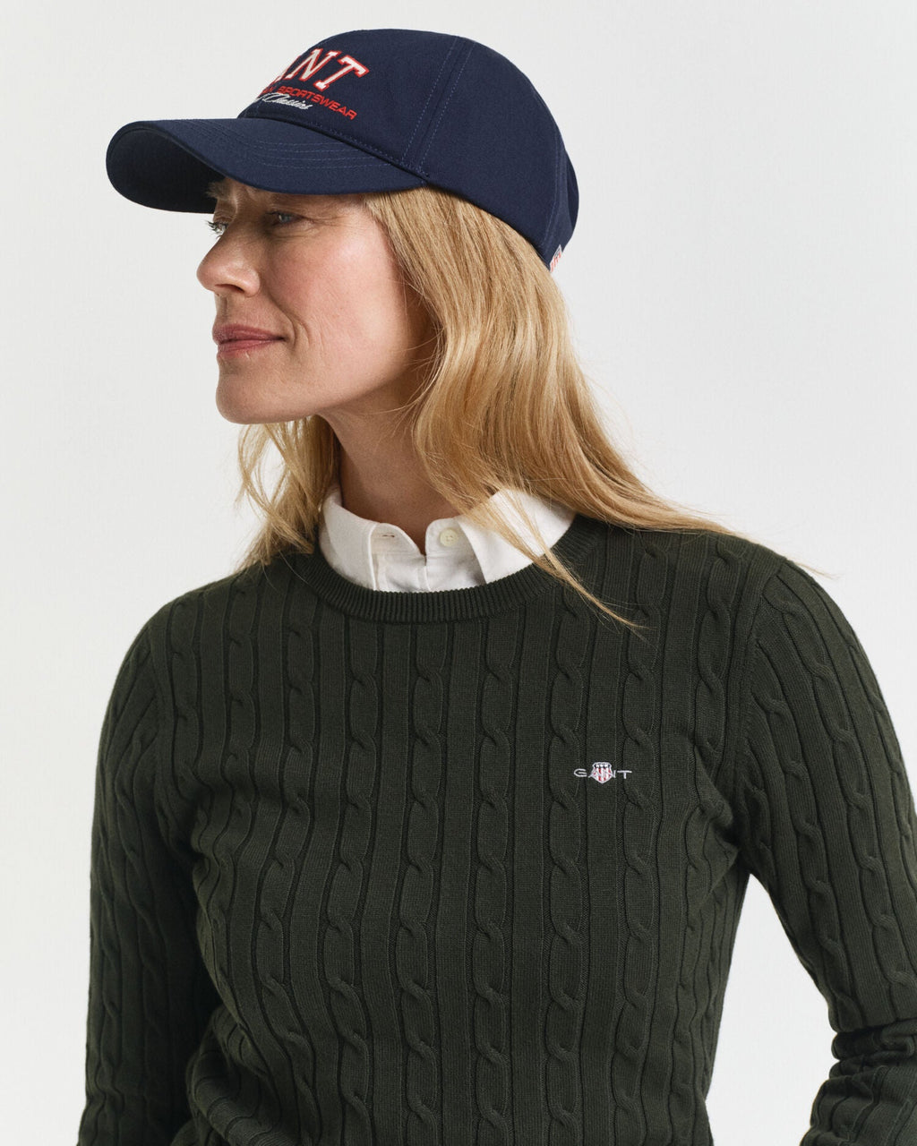 Stretch Cotton Cable Knit Crew Neck Sweater