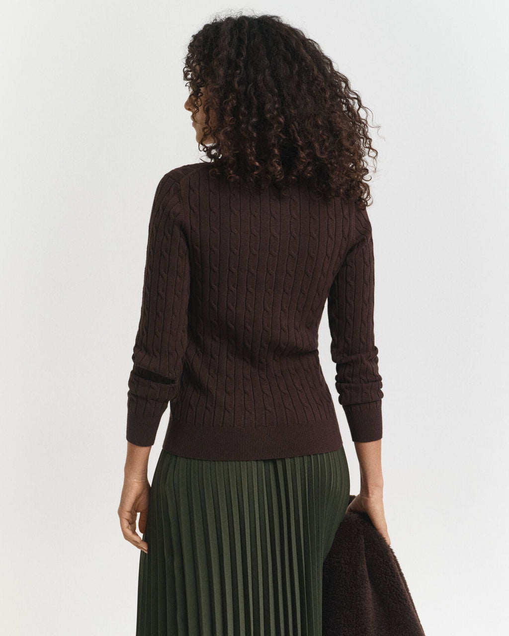 Stretch Cotton Cable Knit Crew Neck Sweater