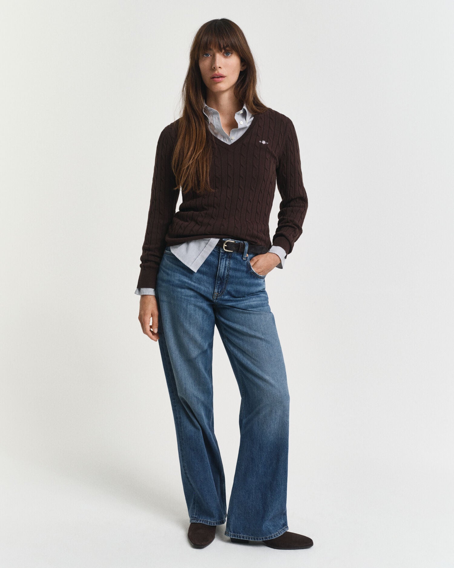 Stretch Cotton Cable Knit V-Neck Sweater