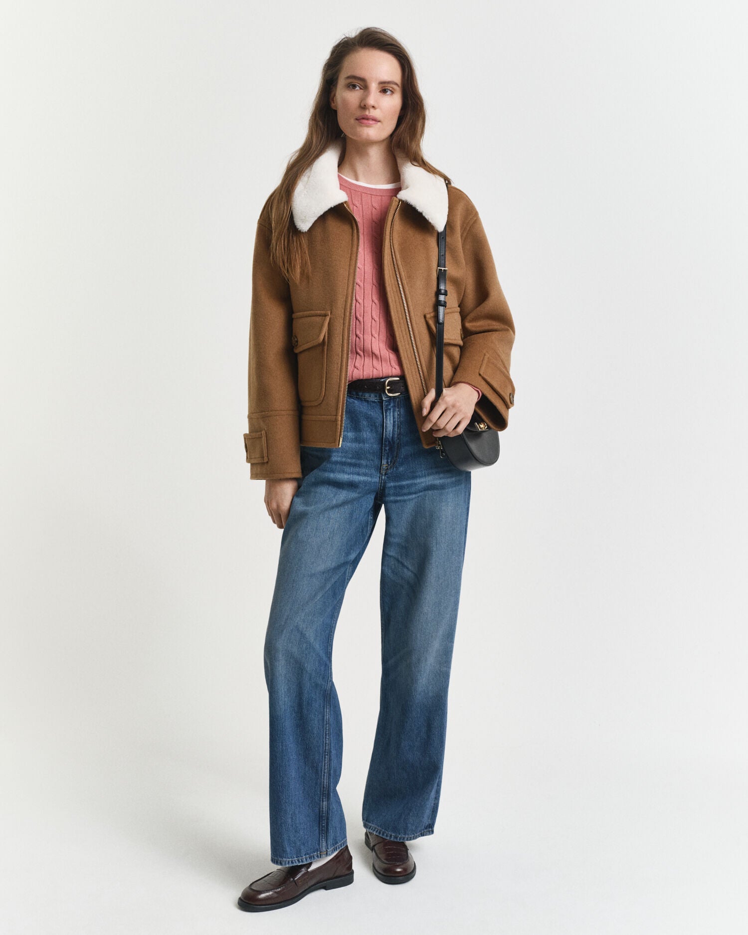 Stretch Cotton Cable Knit Crew Neck Sweater