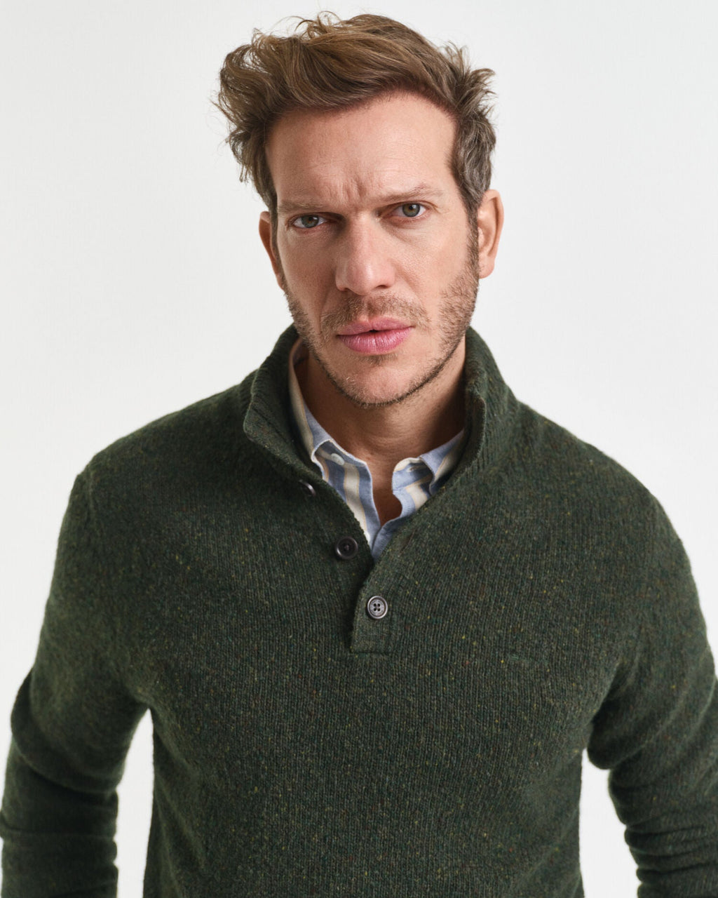 Wool Blend Nepps Half-Buttoned Sweater